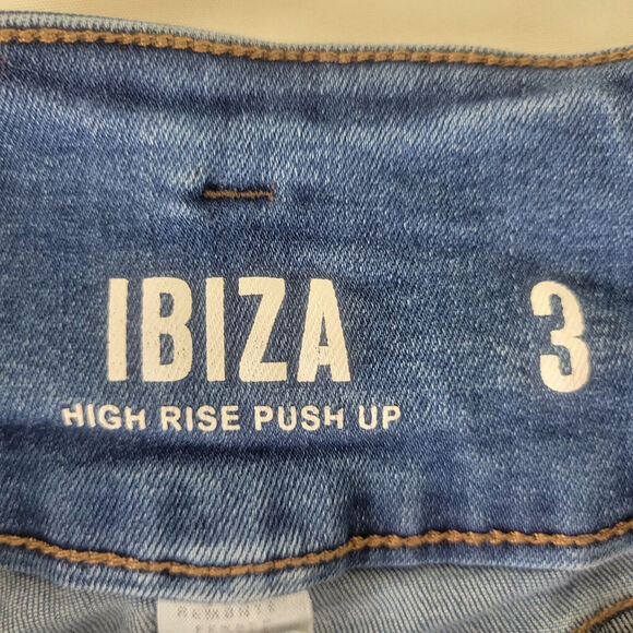 Ibiza Denim Shorts Junior 3 Blue Jean High Rise Push Up Triple Button Distressed - Picture 8 of 14